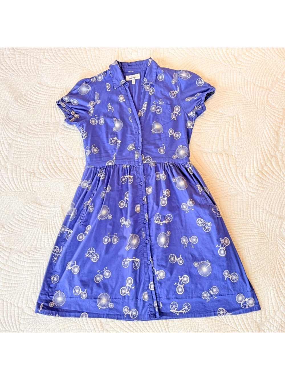 Porridge Cottagecore Twee Retro Blue Bicycle Print Cotton Day Dress Pockets Sz 6 - Picture 10 of 17
